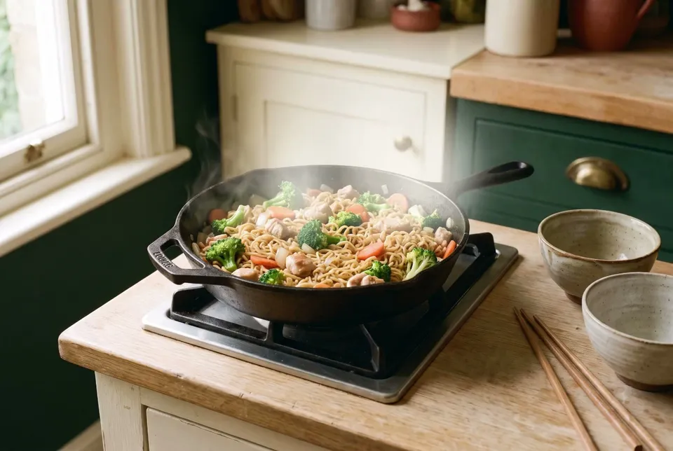 A large skillet of ramen noodles tossed with broccoli, carrot, onion and bite-size cooked chicken on a stove, two bowls and chopsticks beside it.