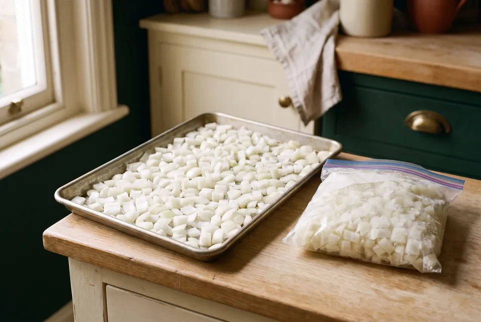 A rimmed sheet pan of diced onion spread in a single layer for freezing, beside a quart freezer bag of frozen diced onion.