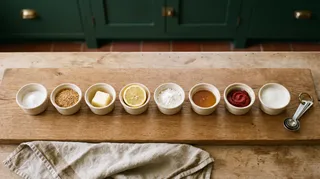Eight small stoneware ramekins in a row on an oak board holding baking soda, flaxseed, butter, a lemon half, cornstarch, honey, tomato paste and milk.