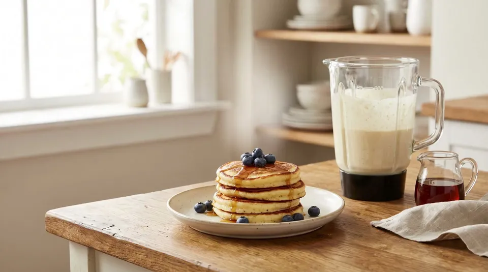 A stack of golden cottage cheese pancakes topped with blueberries and maple syrup on a cream plate, steam rising, a blender jar of pale batter beside it.