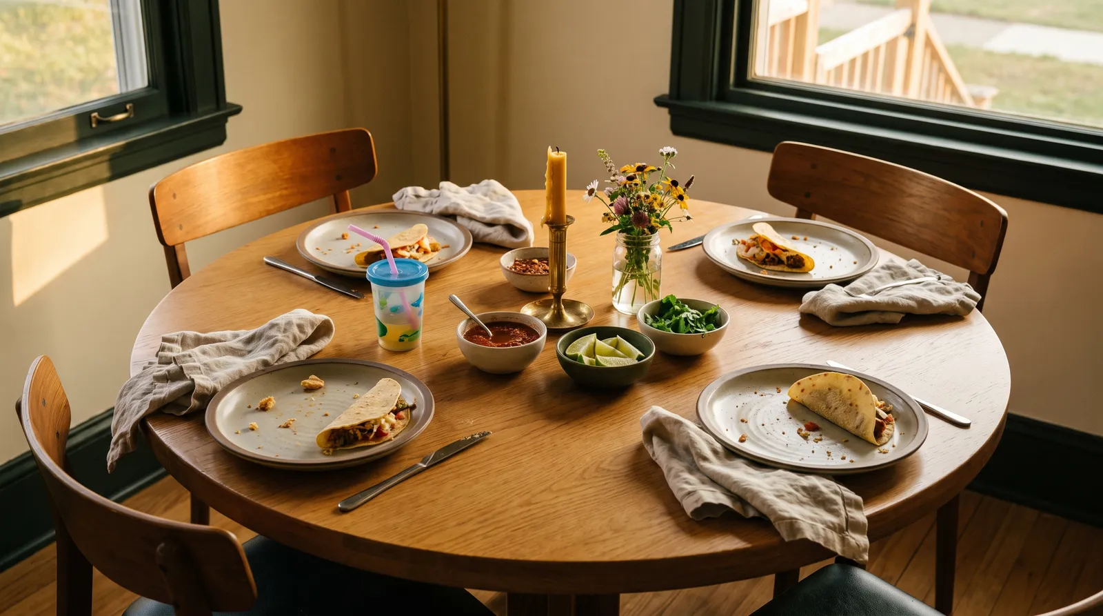 A round family table just after taco night, chairs pushed back, plates with crumbs and a half-eaten taco, a candle and flowers.