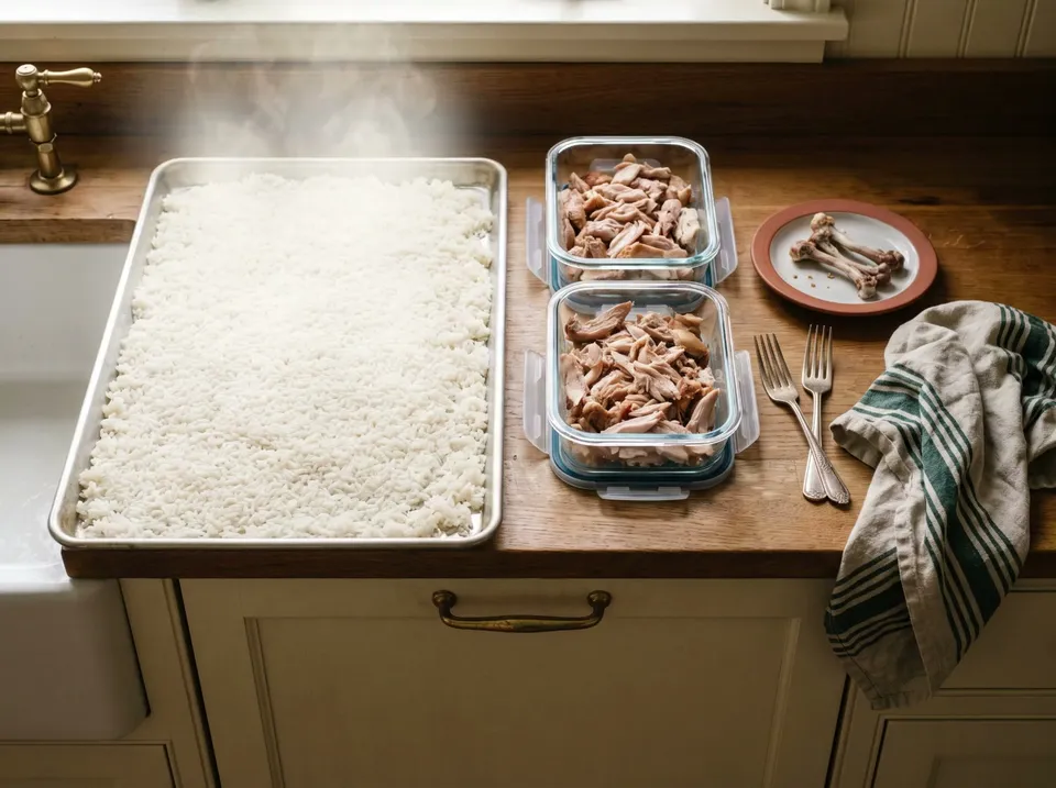 Cooked white rice spread in a thin layer on a rimmed sheet pan beside two shallow glass containers of shredded roast chicken, a plate of bones, two forks and a striped towel.