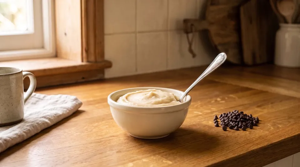 A cream bowl of smooth pale cookie dough with a spoon in it, mini chocolate chips piled beside it, then the chips folded in and scattered across the counter.