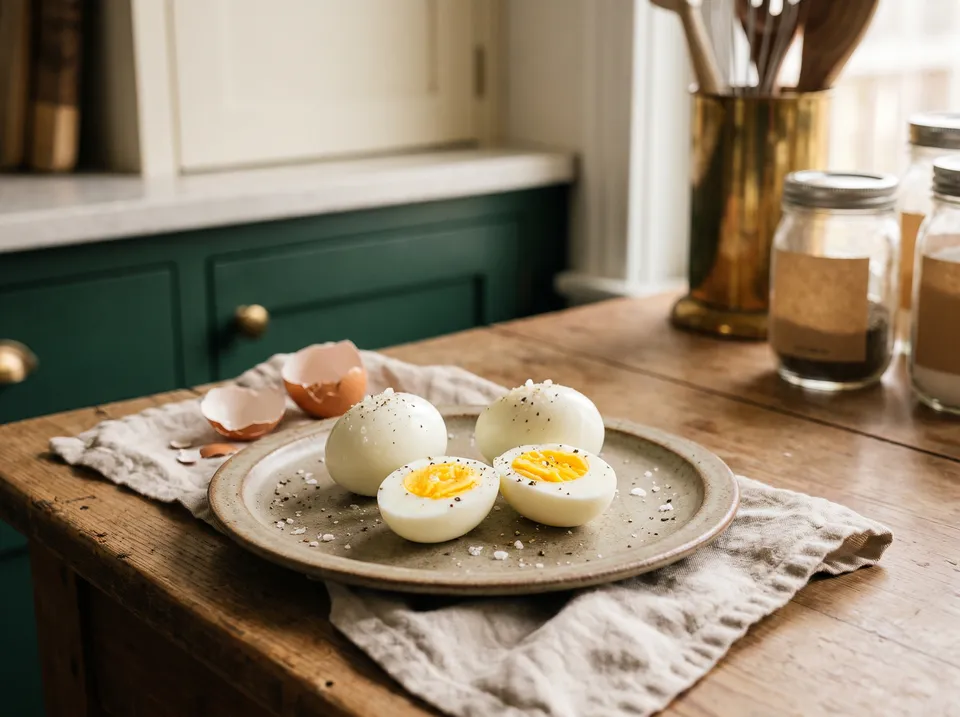 Four peeled hard-cooked eggs on a stoneware plate, two halved to show firm yellow yolks, with flaky salt, cracked pepper and a few bits of shell on a linen napkin.