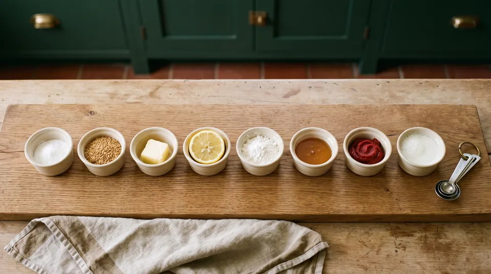 Eight small stoneware ramekins in a row on an oak board holding baking soda, flaxseed, butter, a lemon half, cornstarch, honey, tomato paste and milk, with measuring spoons at one end.