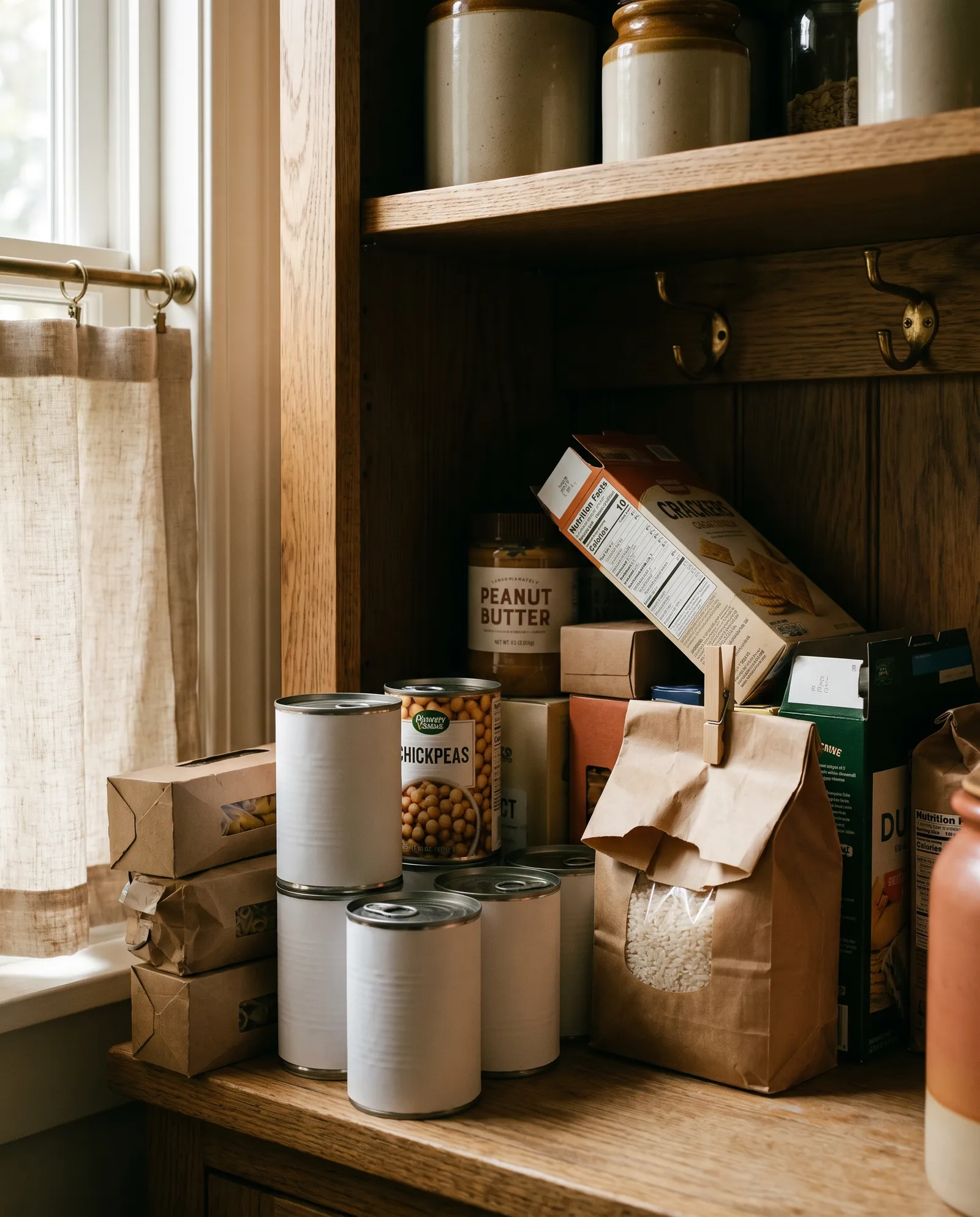 A crowded pantry shelf in soft window light: cans stacked two deep, a can of chickpeas half hidden, a clipped paper bag of rice, a tipped box of crackers and peanut butter tucked in the back.