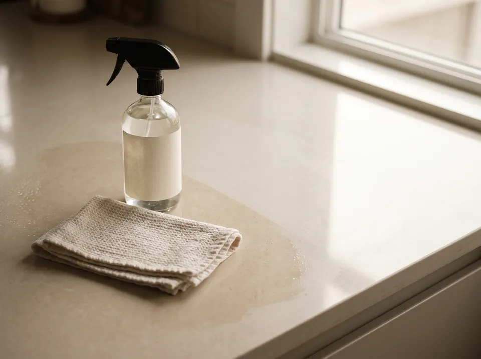 A clean quartz counter half wiped, with a plain spray bottle and a folded cotton cloth resting on it, the wiped half gleaming.