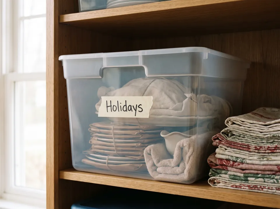 A clear storage bin labeled Holidays on a high closet shelf holding wrapped holiday plates, a turkey platter in a towel and a gravy boat, beside folded tablecloths.