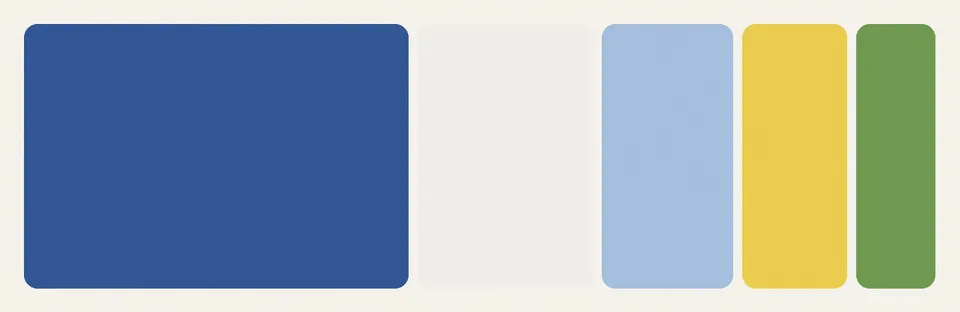 A color strip for a summer table: a wide band of cobalt blue, then smaller bands of white, pale sky blue, lemon yellow and leaf green.