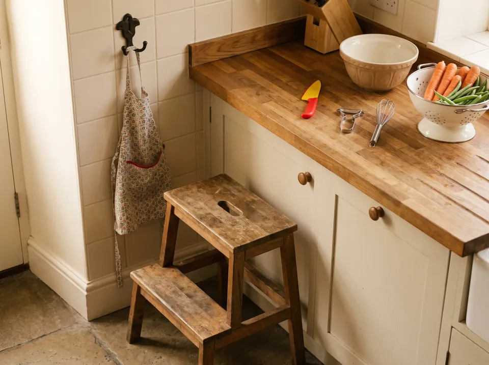 A kitchen corner ready for children to help: a wooden step stool at the counter, a small apron on a hook, and on the counter a child’s safety knife, a whisk, a small bowl and a colander of washed carrots and green beans.