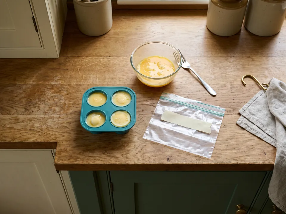 A glass bowl of lightly beaten eggs, a small silicone freezer tray with four portions of beaten egg, and a labeled zip-top freezer bag with a fork on an oak counter.