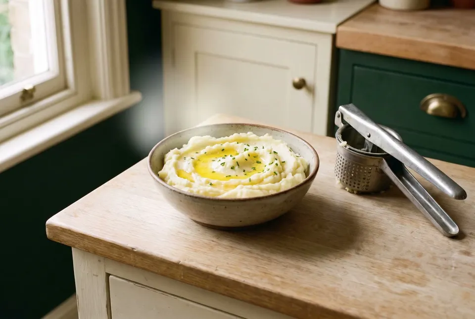 A bowl of creamy mashed potatoes with melted butter pooled on top, a potato ricer beside it.