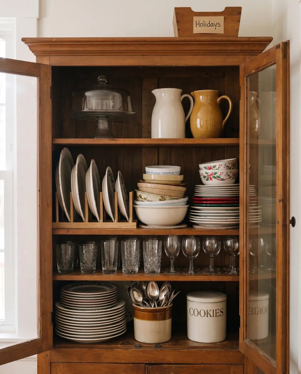 The same cabinet organized: platters standing upright in a rack, bowls nested with felt between them, the cake stand and pitchers at eye level, glasses in rows, spoons in a crock, heavy pieces low and a Holidays bin on top.