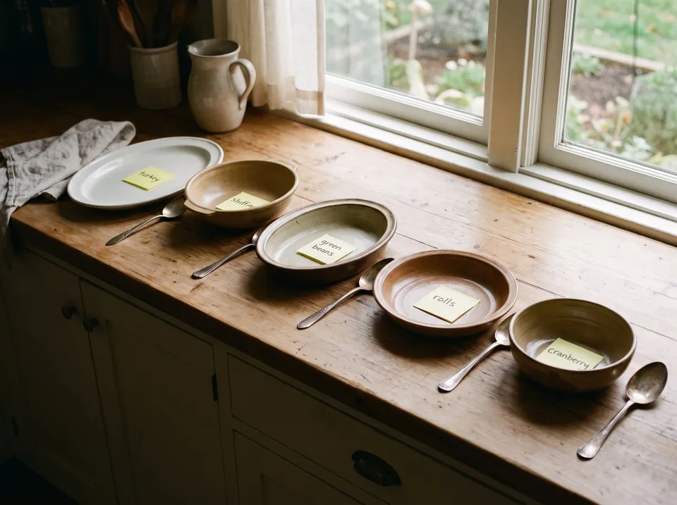 Empty serving dishes lined up on a kitchen counter, each with a sticky note inside reading turkey, stuffing, green beans, rolls and cranberry, a serving spoon beside each.