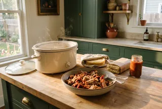 A slow cooker on a butcher-block counter beside a bowl of pulled pork, a stack of tortillas, a loaf and a jar of salsa.
