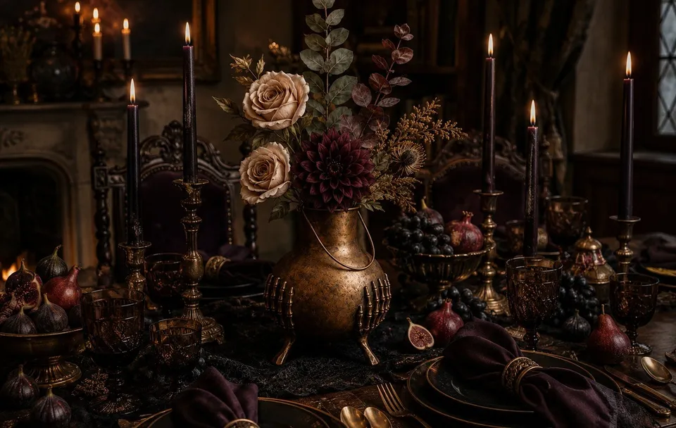 The New Midnight table in a dark room: a brass urn of ivory roses, a burgundy dahlia and eucalyptus, plum tapers in brass holders, figs, grapes and pomegranates, black plates and plum velvet napkins in gold rings.