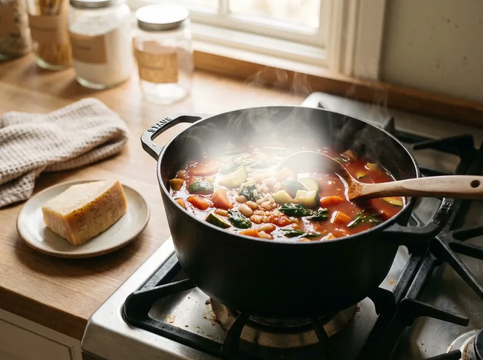 A pot of vegetable soup with carrot, zucchini, spinach, white beans and leftover rice in tomato broth on a gas stove, steam rising, a ladle resting in it and a parmesan rind beside it.