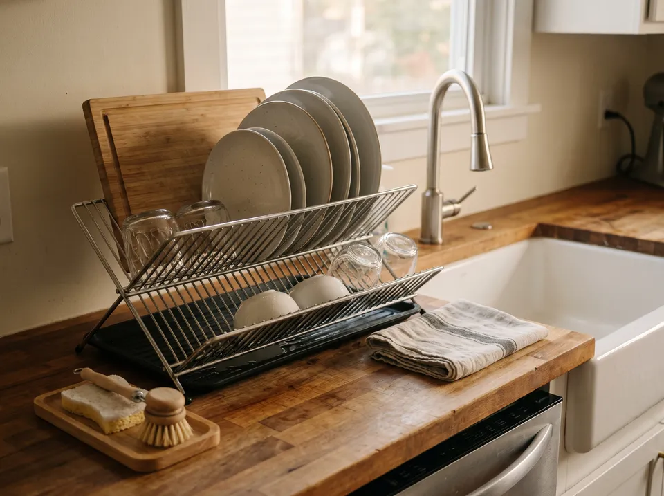 A stainless steel dish rack beside a clean farmhouse sink holding plates, glasses and a cutting board, with a dish brush and sponge on a small tray and a folded striped towel.