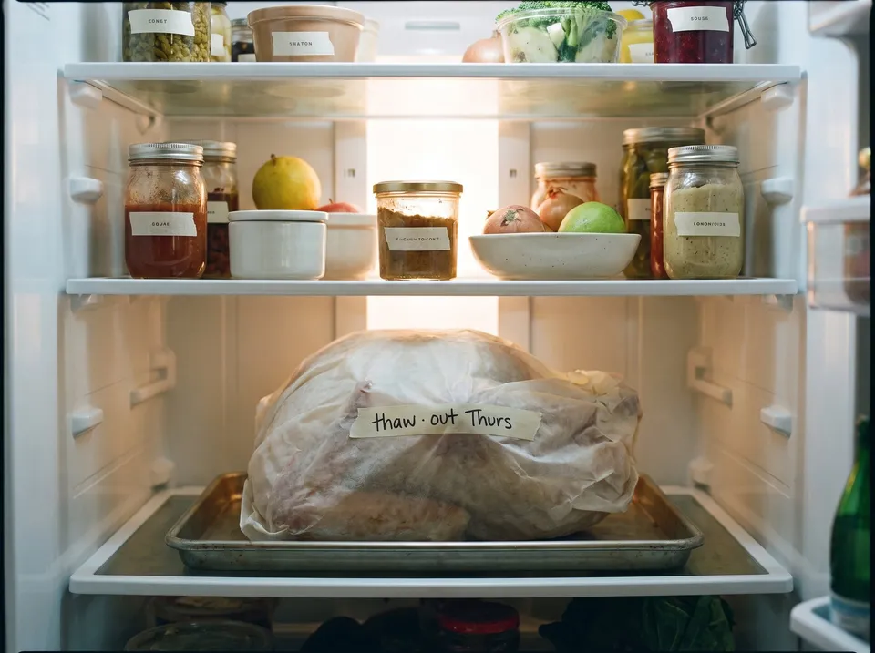 A frozen turkey in its wrapper on a rimmed sheet pan on the bottom shelf of a refrigerator, with a strip of masking tape on it reading thaw, out Thurs.
