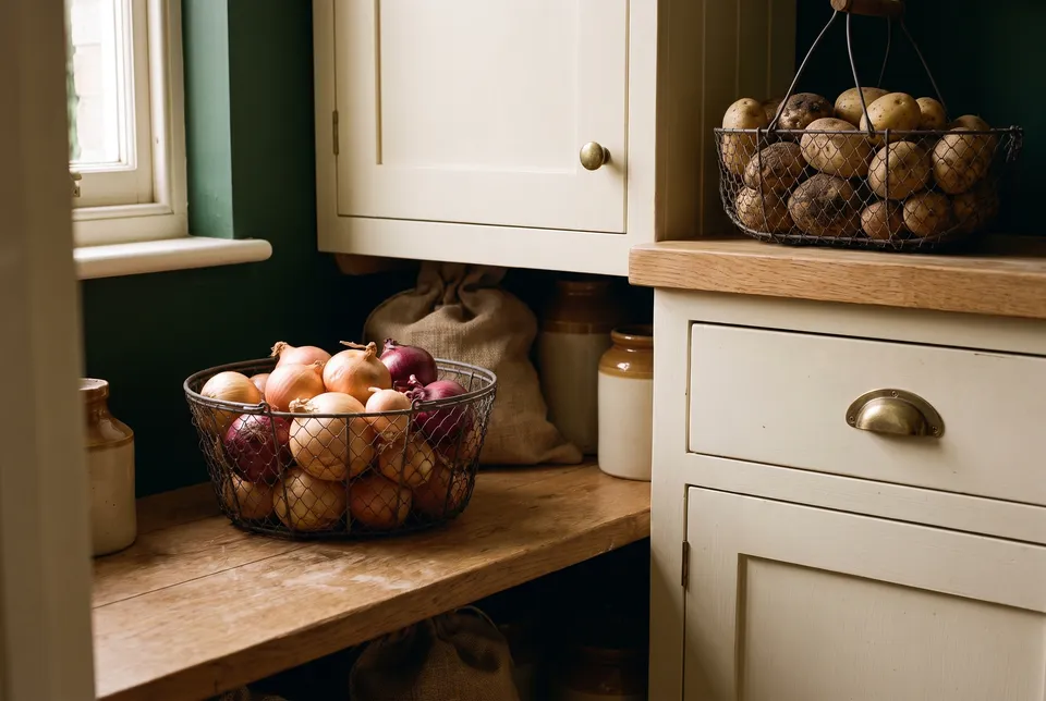 A wire basket of whole yellow and red onions on a low shelf in a cool, dim pantry, with a basket of potatoes on a separate shelf.