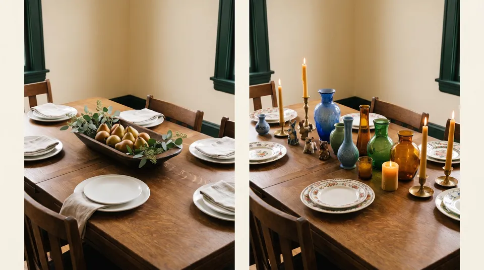 Two versions of a table: one with a single low wooden bowl of pears and greenery as the clear star, and one cluttered with vases, figurines, patterned plates and mixed candles all competing.
