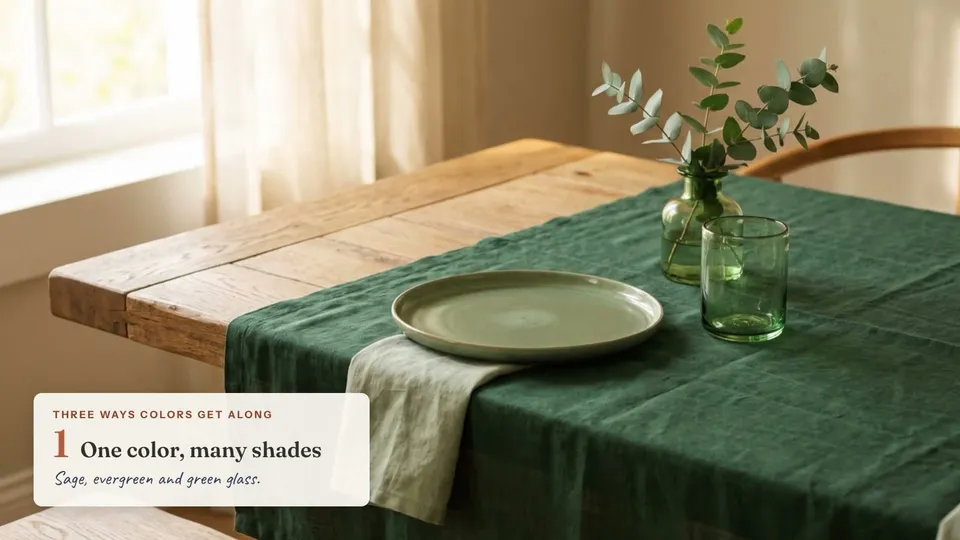 The same place setting in three color schemes: a monochromatic green with sage plate, evergreen cloth and green glass; an analogous gold, orange and rust; and a complementary navy blue with a blue-and-white plate and a bowl of oranges.
