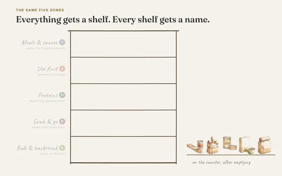 A hand-drawn pantry with five labeled shelves. An opened bag of rice settles into Use first at eye level, cereal into Grab & go, pasta and canned tomatoes into Meals & sauces, beans and tuna into Proteins, and a big bag of flour into Bulk & backstock on the bottom shelf.