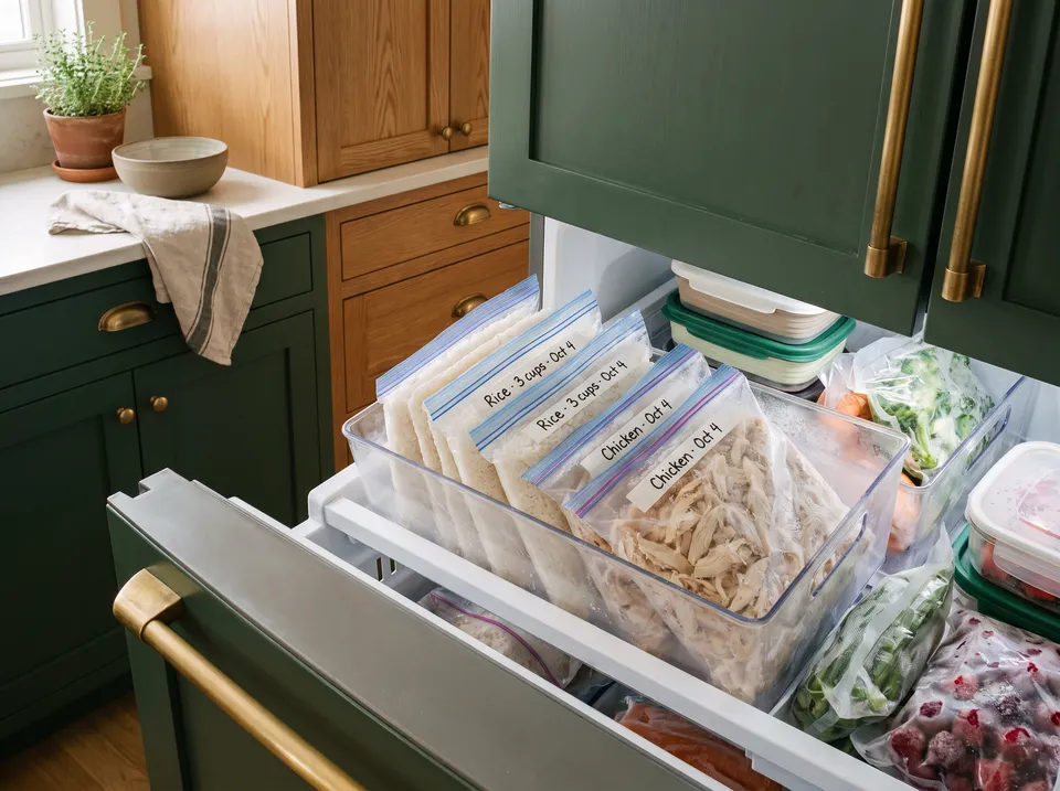 An open freezer drawer with flat-frozen quart bags of cooked rice and shredded chicken standing upright in a clear bin, each labeled with freezer tape and a date.