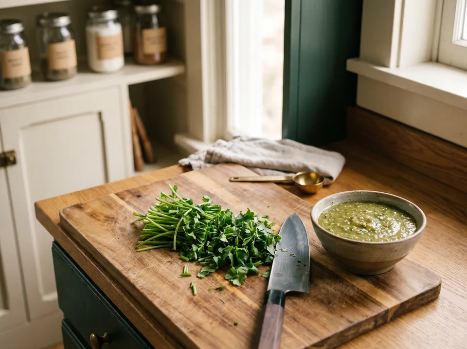 Chopped cilantro stems and leaves piled on a cutting board beside a chef’s knife and a small bowl of green herb sauce.