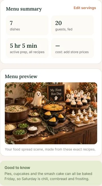 The HearthIQ menu summary for a first birthday: 7 dishes, 20 guests, 5 hours 5 minutes of active prep, and a Good to know note that the pies, cupcakes and smash cake can all be baked Friday, so Saturday is chili, cornbread and frosting.