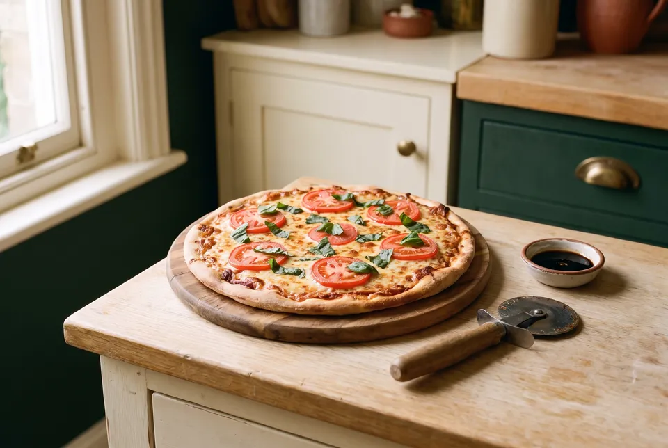A baked cheese pizza topped with fresh tomato slices and torn basil leaves on a wooden board, a pizza wheel and a small dish of balsamic glaze beside it.