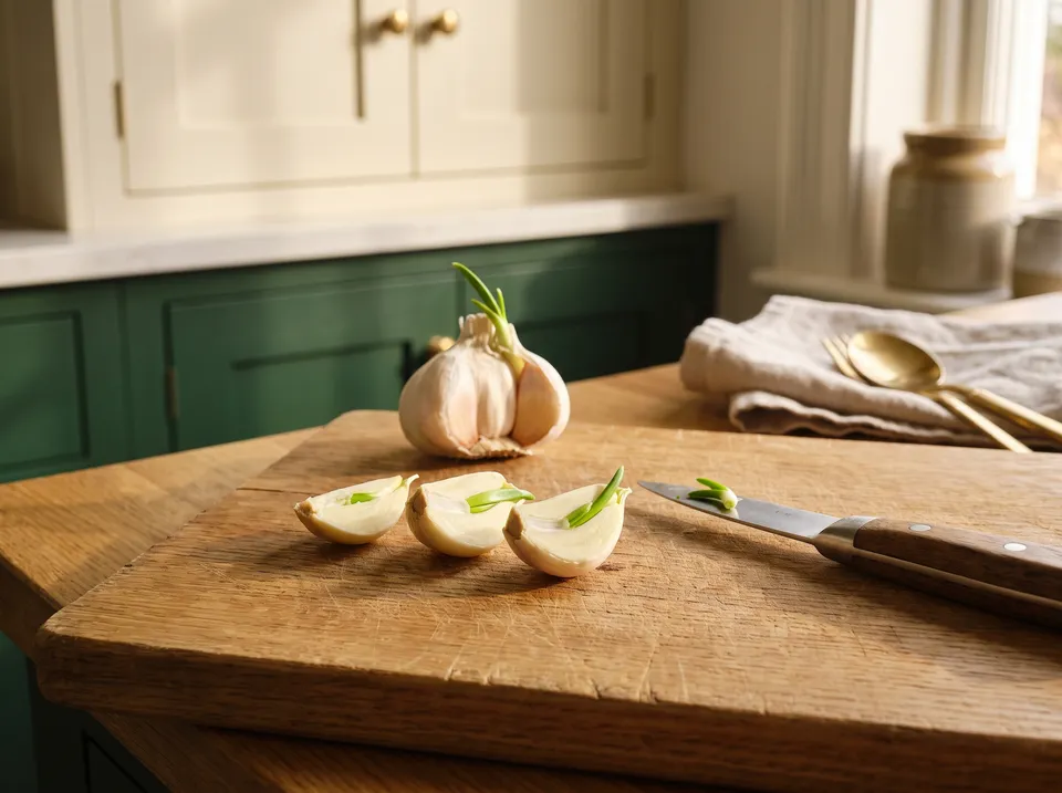 Three garlic cloves cut in half lengthwise on an oak cutting board, each with a small green sprout in its center, a paring knife beside them and an older head with a green shoot behind.