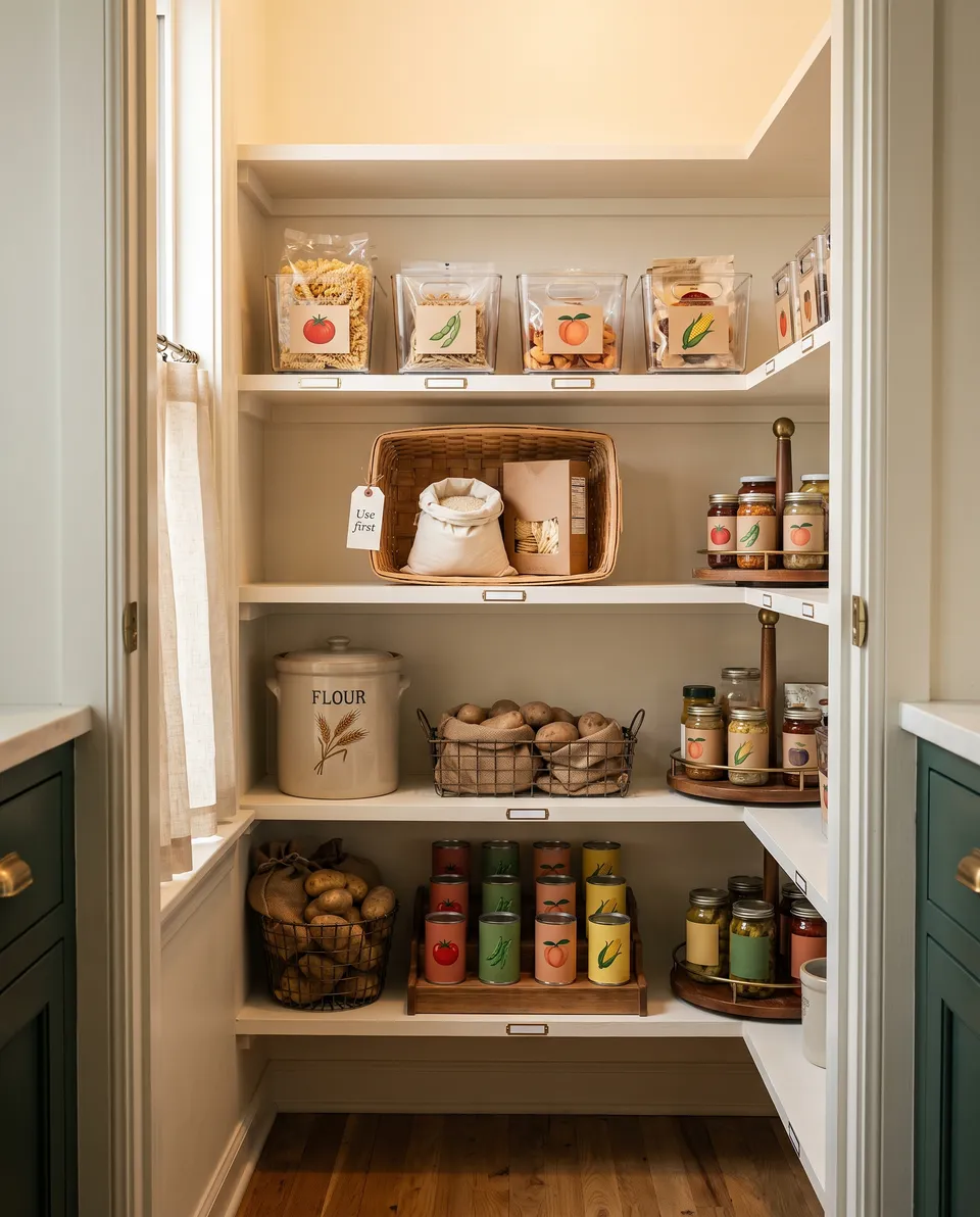 A small walk-in pantry with white shelves: clear bins on the top shelf, a Use first basket at eye level, a flour crock and a basket of potatoes lower down, cans on a tiered riser and two turntables in the corner.