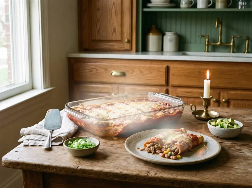 A glass 9 by 13 baking dish of enchiladas in red sauce under browned melted cheese on a wooden table, one enchilada on a speckled plate showing pork, beans and corn, with green onion, avocado and a lit candle.
