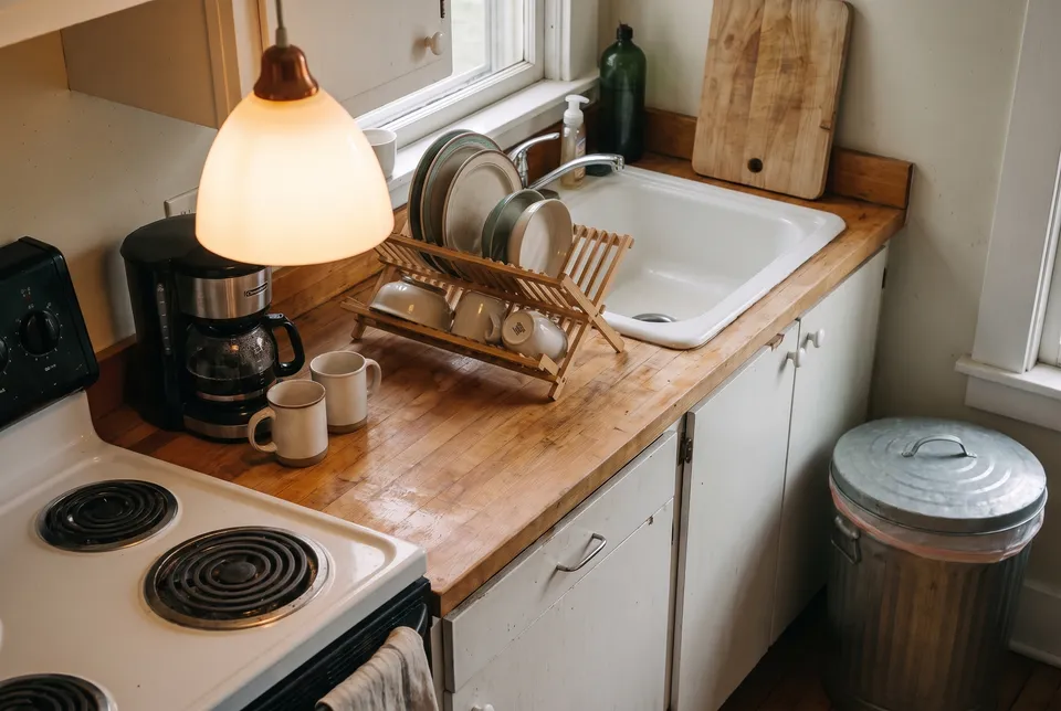 The same kitchen after the reset: clear wiped counters, an empty sink, dishes drying in a rack, the stovetop wiped, the trash out and the coffee maker set up with two mugs.