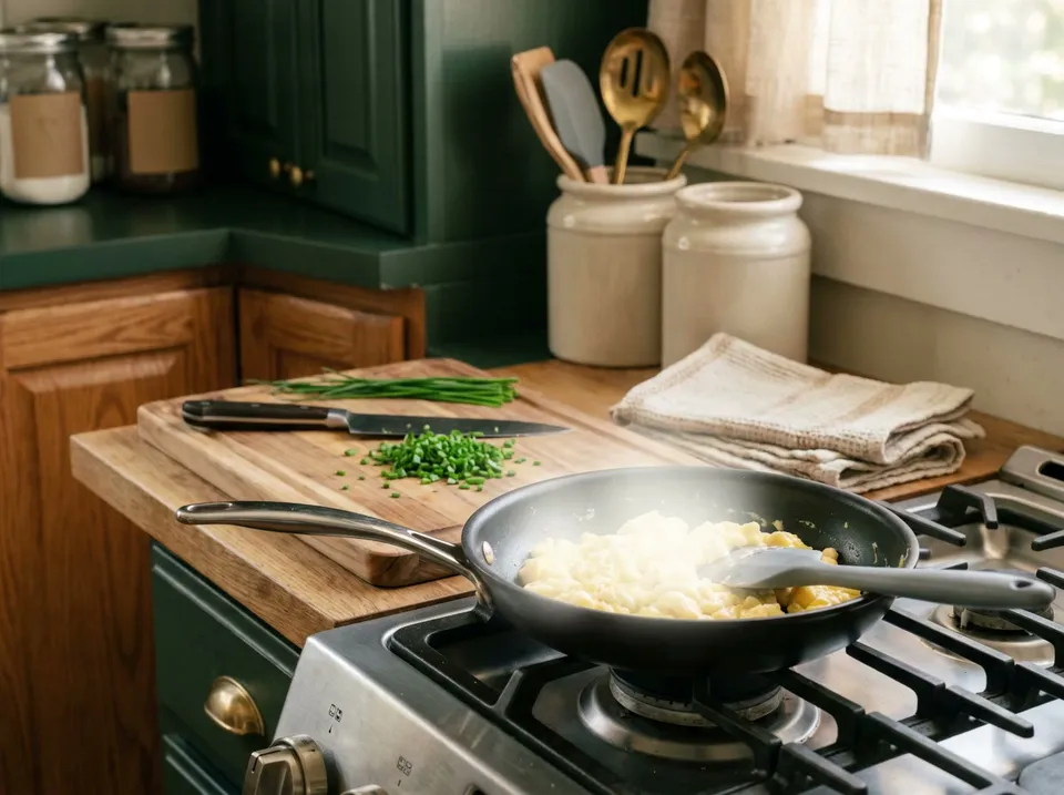 Creamy scrambled eggs in big soft curds in a small nonstick skillet on a stove, a silicone spatula in the pan and chopped chives on a cutting board nearby.