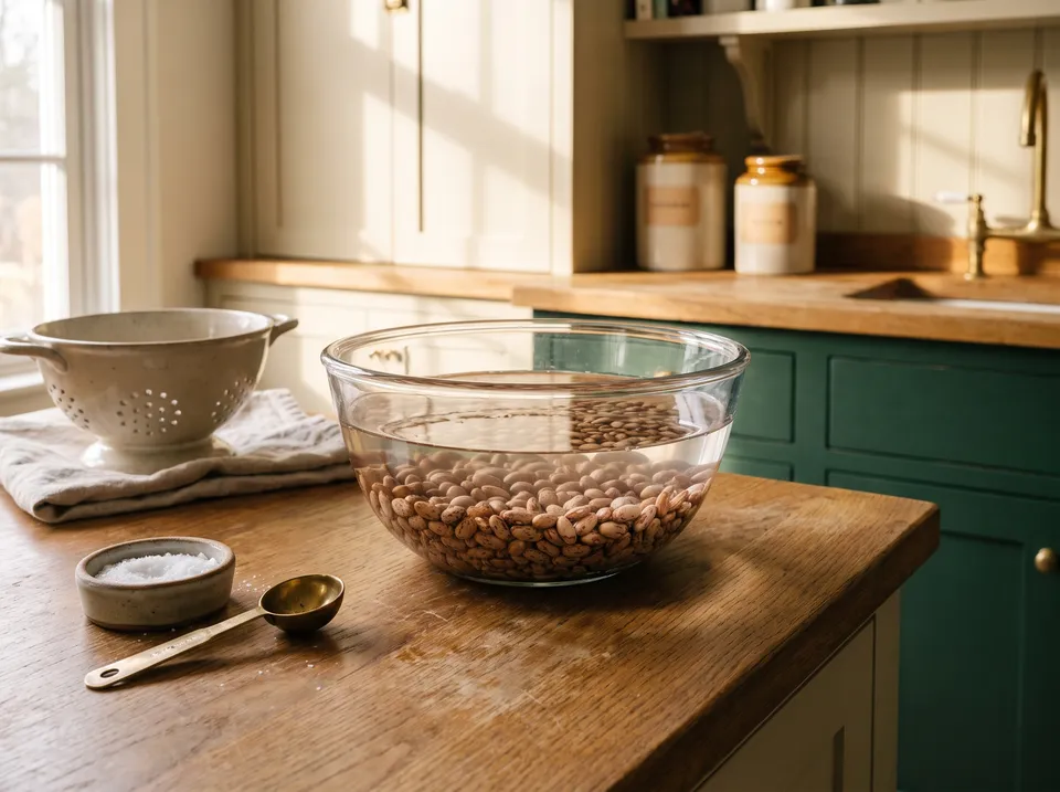 A large glass bowl of dried pinto beans soaking in water on an oak counter, with a small dish of salt, a measuring spoon and a colander behind it.
