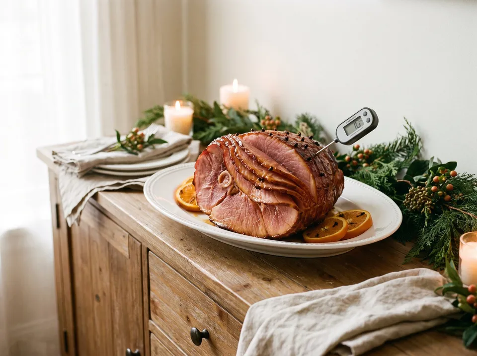 A glazed spiral-cut bone-in ham on a white platter on a sideboard with an instant-read thermometer in it, evergreen and candles around it.