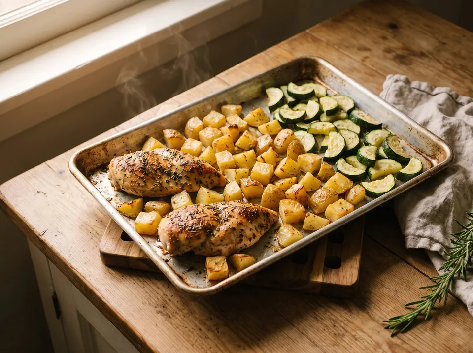 Overhead view of a rimmed sheet pan of roasted chicken breasts, golden potato cubes and sliced zucchini on its own third of the pan.