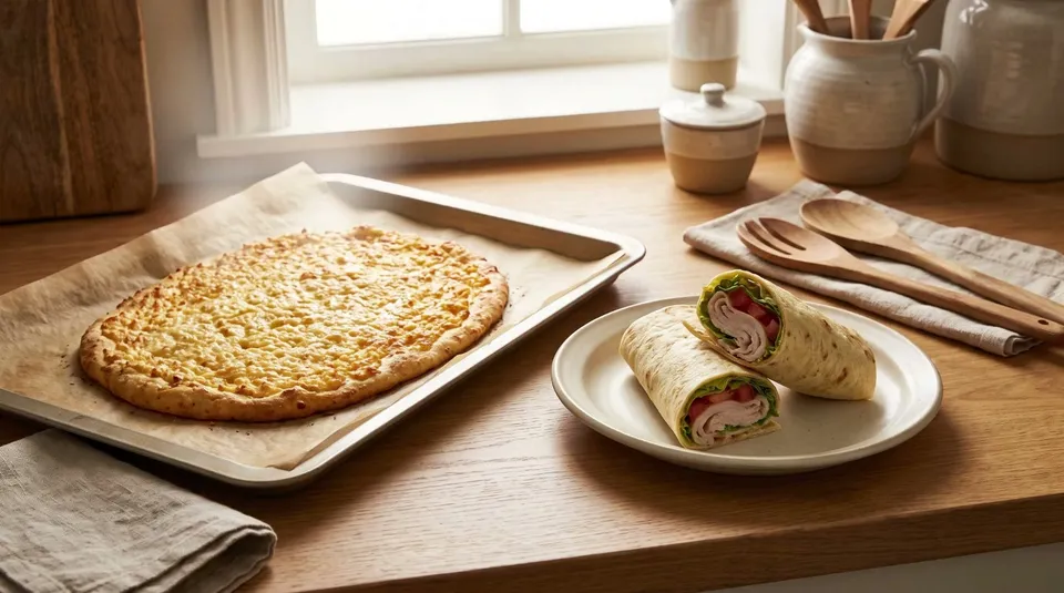 A golden baked cottage cheese flatbread on a parchment-lined baking sheet, steam rising, and a piece rolled into a wrap with turkey, lettuce and tomato on a plate beside it.