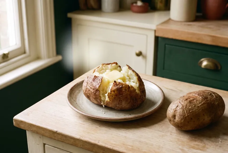 A baked russet potato split open on a plate, fluffy inside with a pat of butter melting, a second baked potato beside it.