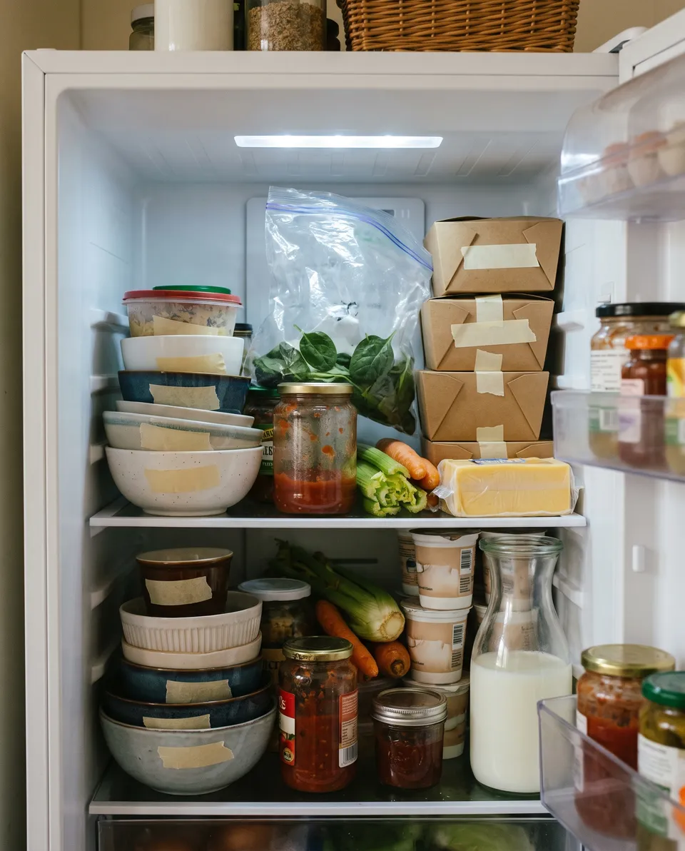 A crowded home refrigerator with containers stacked two and three deep, a half bag of spinach pushed to the back, takeout boxes, a jar of salsa and yogurt hidden behind the milk.