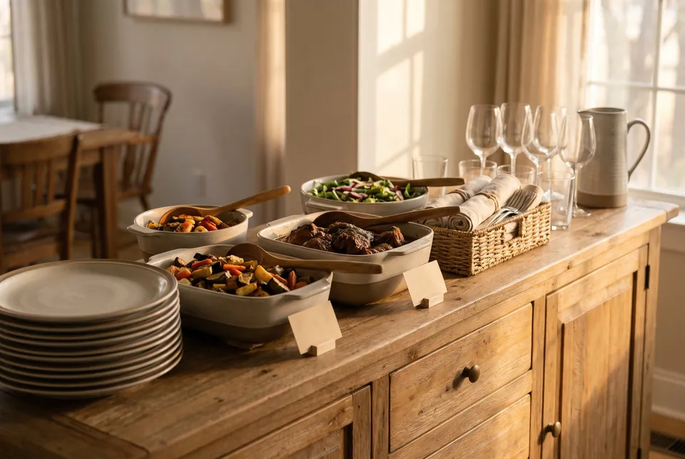 A sideboard buffet set in order with a stack of plates first, dishes of food with a spoon in each, then rolled silverware in a basket, glasses and a pitcher at the far end.