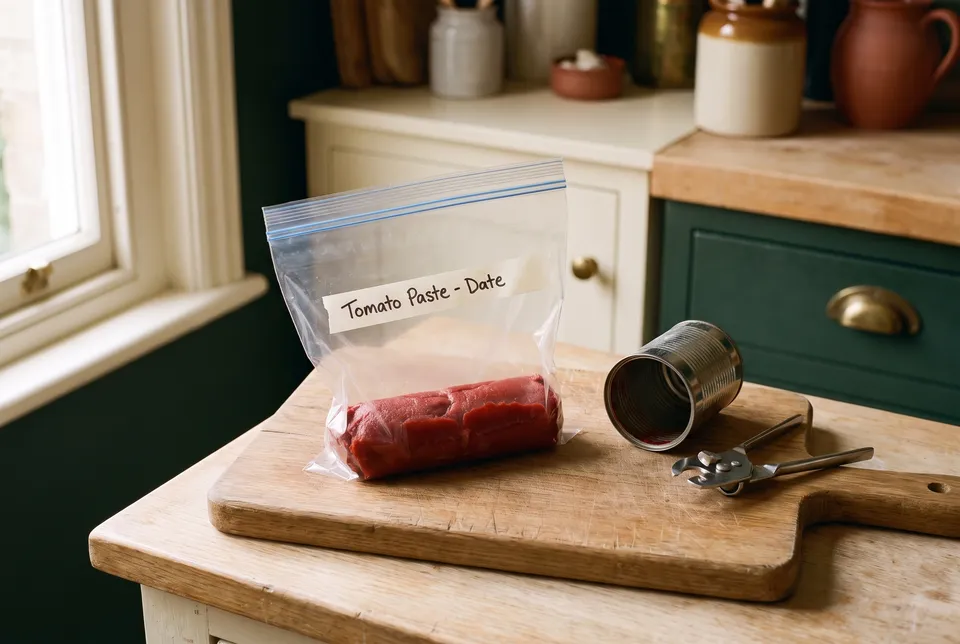 Leftover tomato paste pushed out of a small can as a log inside a labeled zip-top freezer bag on a wooden board, beside the empty can with both ends removed and a can opener.