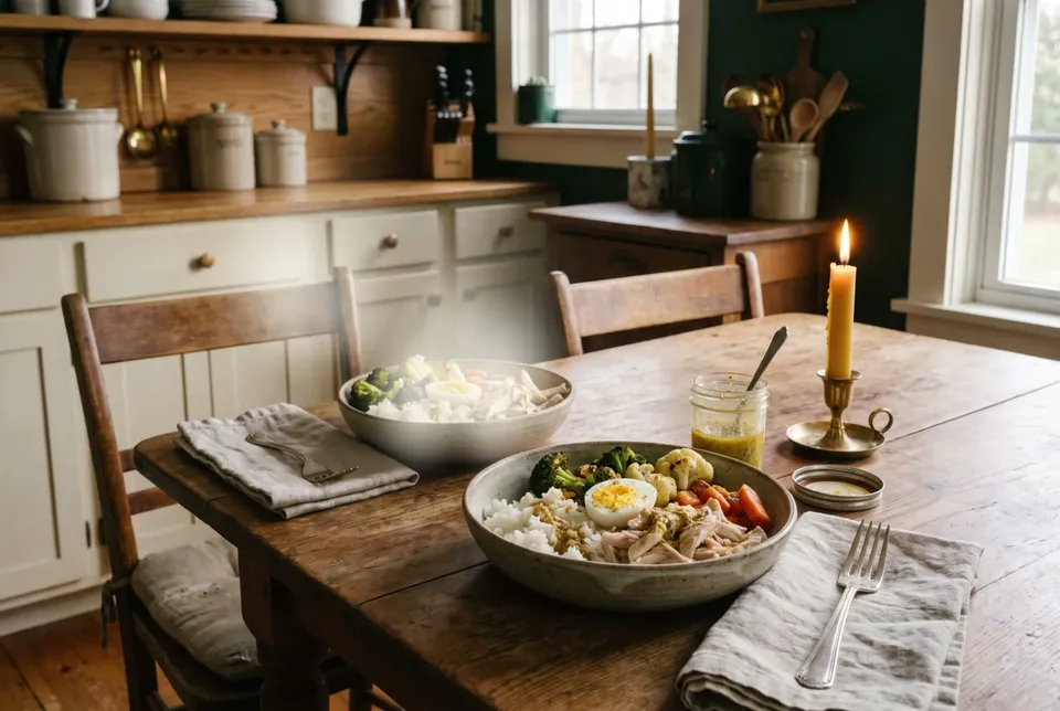 Two stoneware bowls on a wooden table holding rice, shredded chicken, roasted broccoli, cauliflower and carrots, and half a hard-cooked egg, with a jar of mustard dressing and a lit candle.