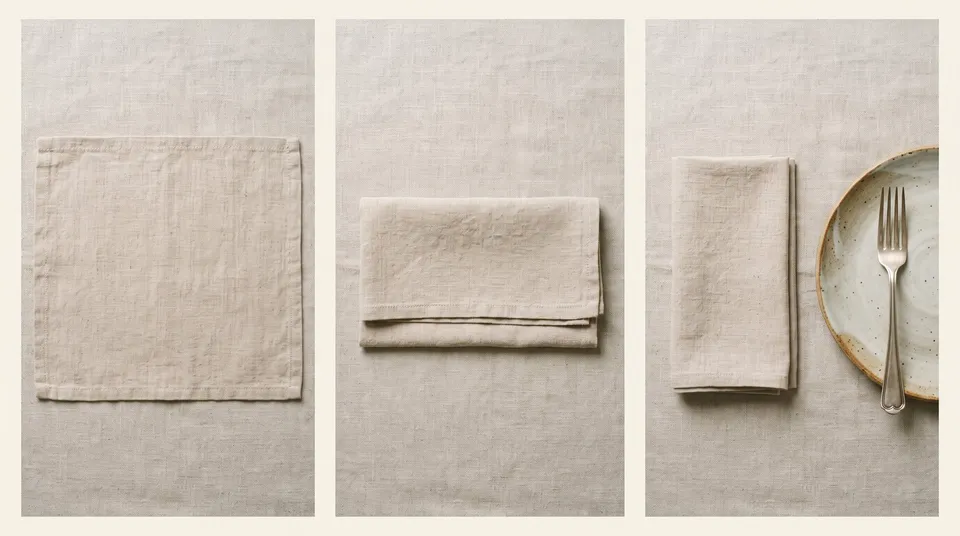 Three overhead photos of a cloth napkin folded into a simple rectangle in stages: laid flat as a square, folded in half, then folded again into a long rectangle laid to the left of a plate.