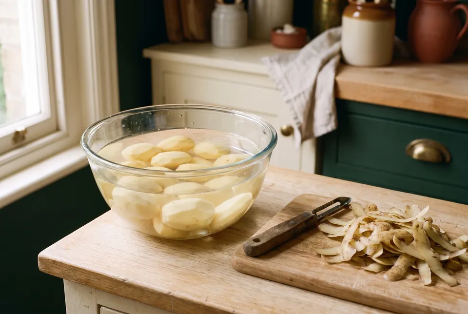 Peeled potato chunks covered with cold water in a large glass bowl on an oak counter, a peeler and potato peels on a cutting board beside it.