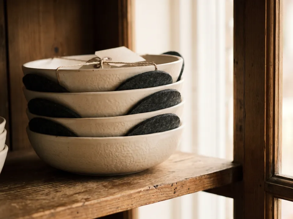 Four cream stoneware serving bowls stacked with a gray felt round between each one on a wooden cabinet shelf.