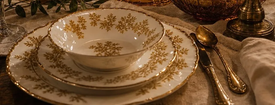A place setting of stacked white china with a gold leaf pattern and gold rims, gold flatware, and a plain ivory linen napkin with gold embroidery on a flax linen runner.