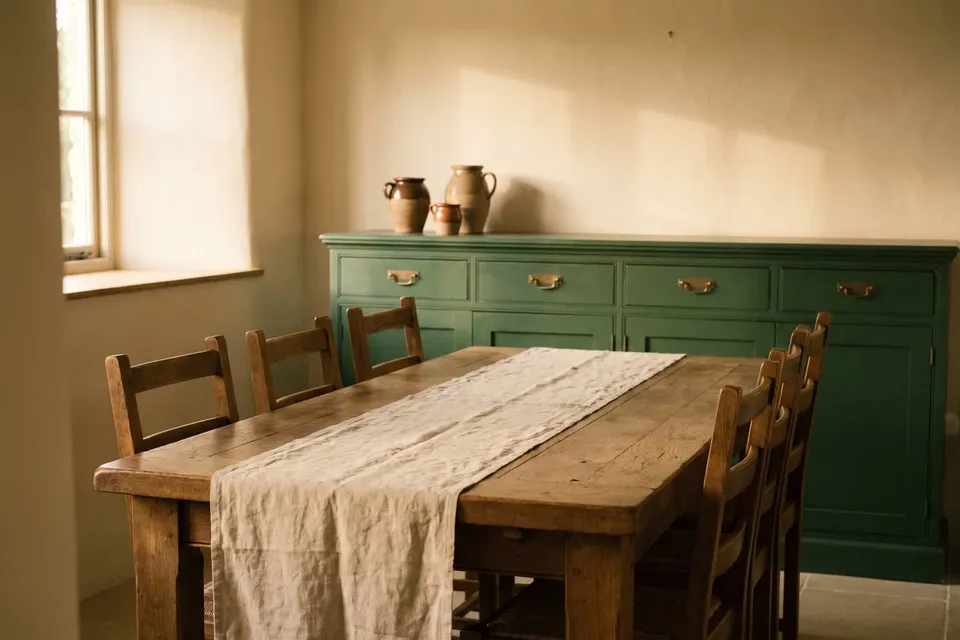 The same farmhouse table builds up in five stages: a bare oak table with a linen runner; stacked cream and sage plates; mismatched napkins tied with twine and rosemary, plus glasses; a low centerpiece of fruit and jars of herbs; and lit candles at different heights.